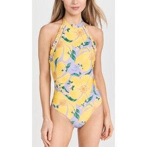 Farm Rio Pietra Floral Lilac One Piece Bathing Swimsuit Size large halter NWT